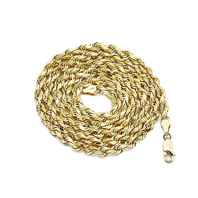 LOVEBLING 14K Yellow Gold 5mm Solid Diamond Cut Rope Chain Necklace with Lobster Lock