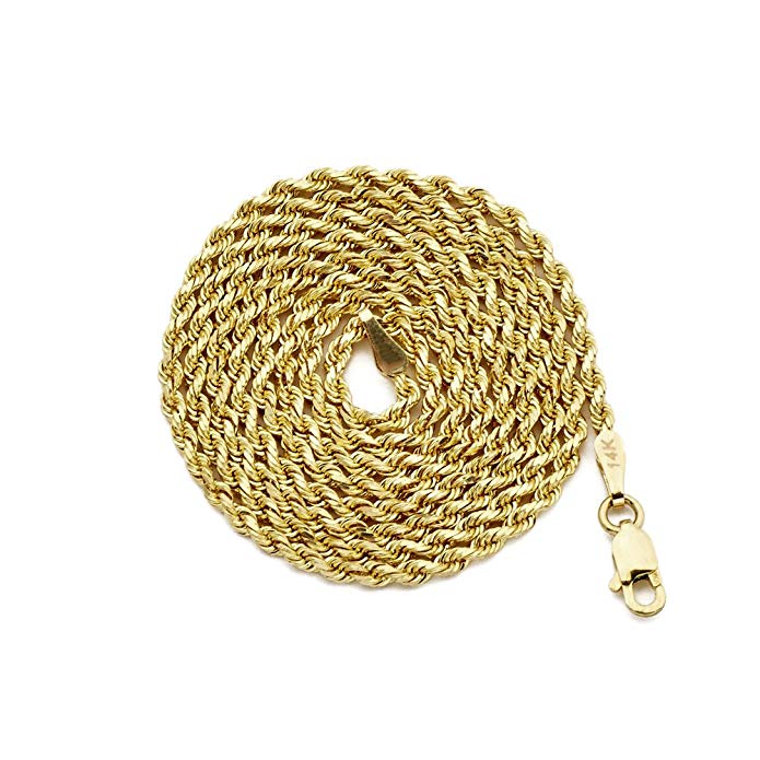LOVEBLING 14K Yellow Gold 2mm Solid Diamond Cut Rope Chain Necklace with Lobster Lock