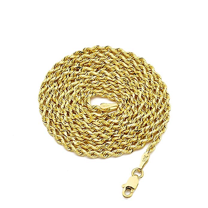 LOVEBLING 10K Yellow Gold 2.5mm Solid Diamond Cut Rope Chain Necklace with Lobster Lock