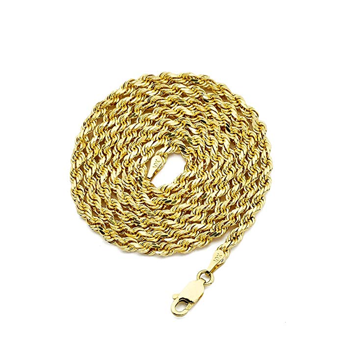 LOVEBLING 10K Yellow Gold 3mm Diamond Cut Rope Chain Necklace with Lobster Lock