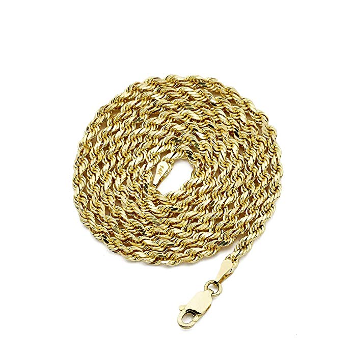 LOVEBLING 14K Yellow Gold 3mm Solid Diamond Cut Rope Chain Necklace with Lobster Lock