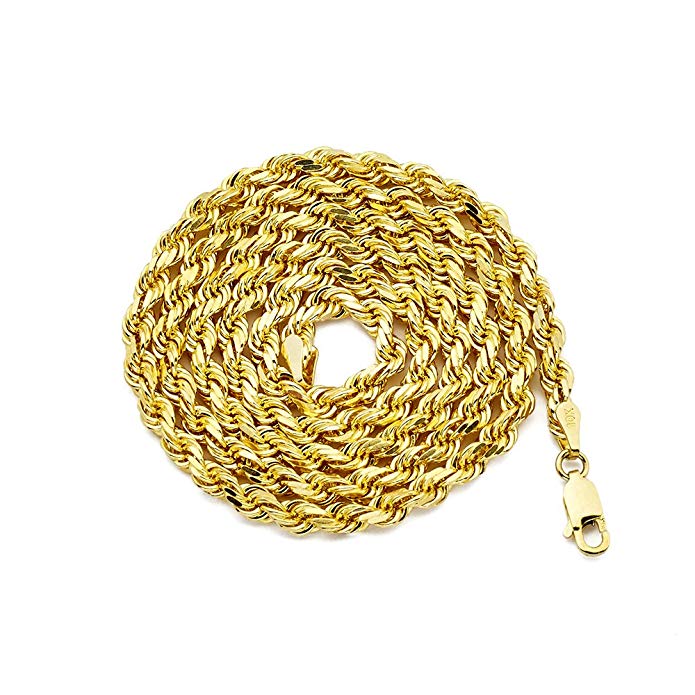 LoveBling 10K Yellow Gold 4mm Diamond Cut Rope Chain Necklace with Lobster Lock (18