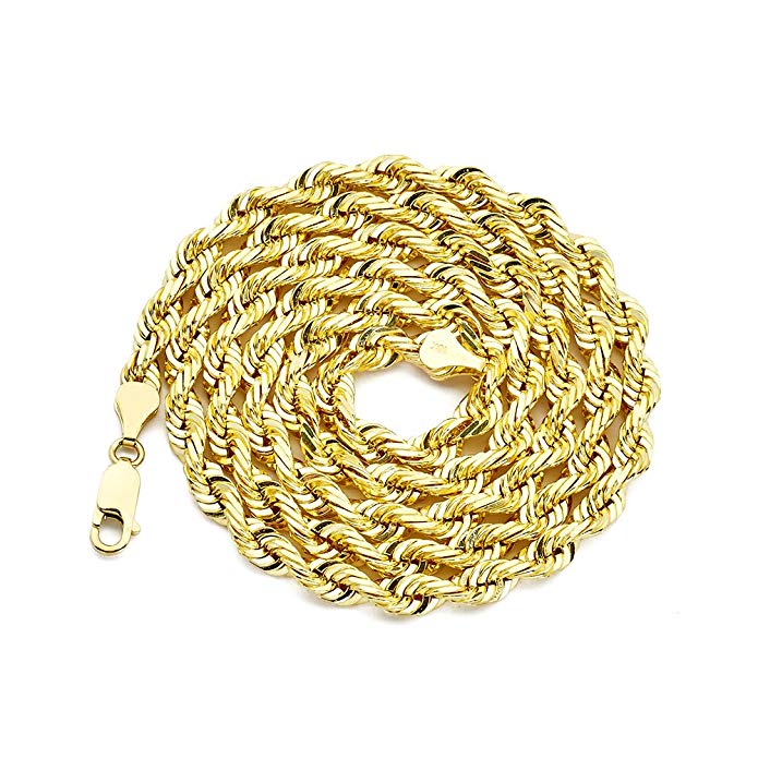 LOVEBLING 10K Yellow Gold 6mm Diamond Cut Rope Chain Necklace with Lobster Lock