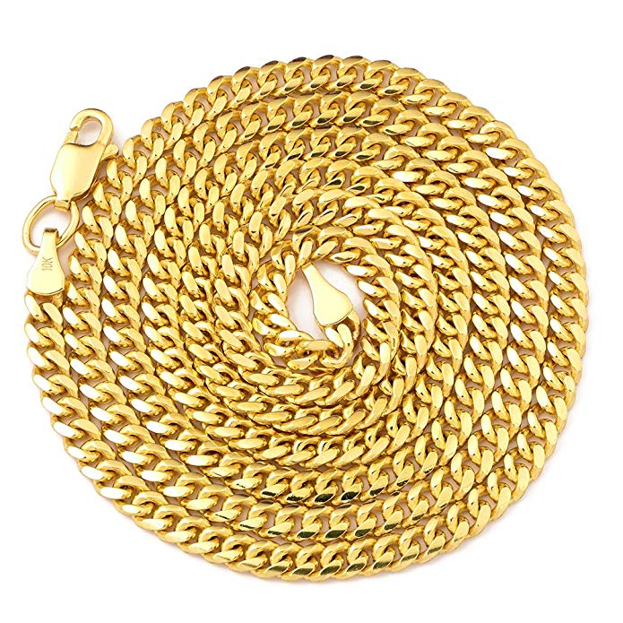 LOVEBLING 10K Yellow Gold 2.5mm Solid Miami Cuban Link Chain Necklace Lobster Lock 18
