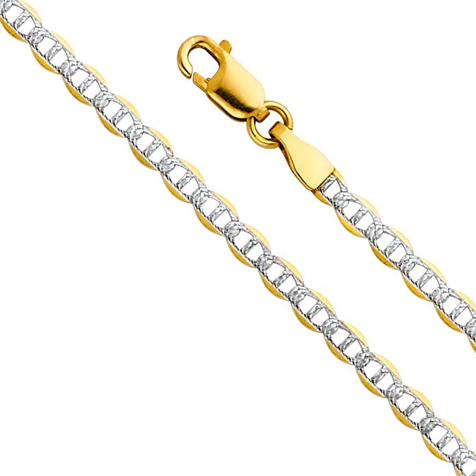 14k Yellow Gold Solid 3mm Flat Mariner White Pave Chain Necklace with ...